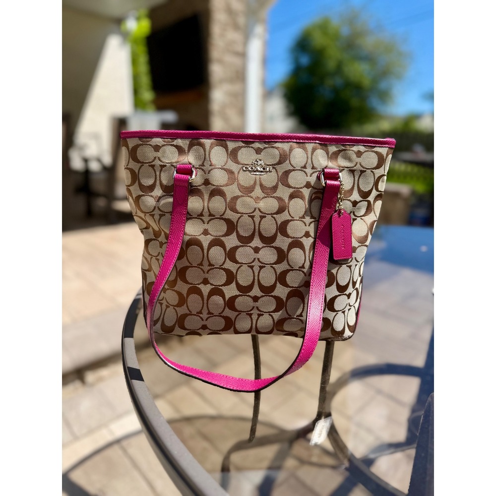 Coach Outline Signature Zip Top Tote Shoulder Bag Khaki Pink F36185